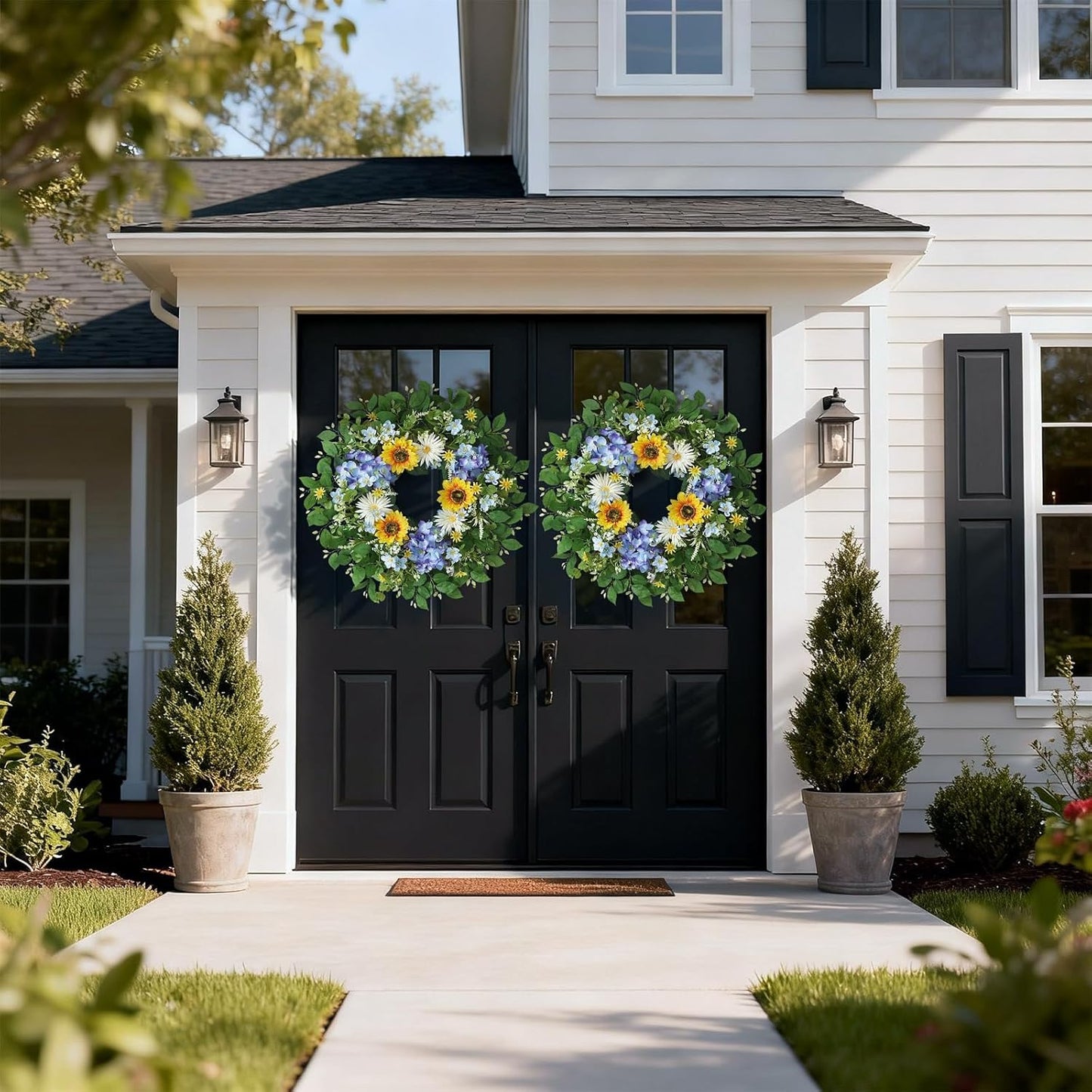 Large 26" Artificial Flower Wreath by [Brand Name] - Lifelike Sunflowers & Blue Hydrangeas for Spring/Summer Home Decor