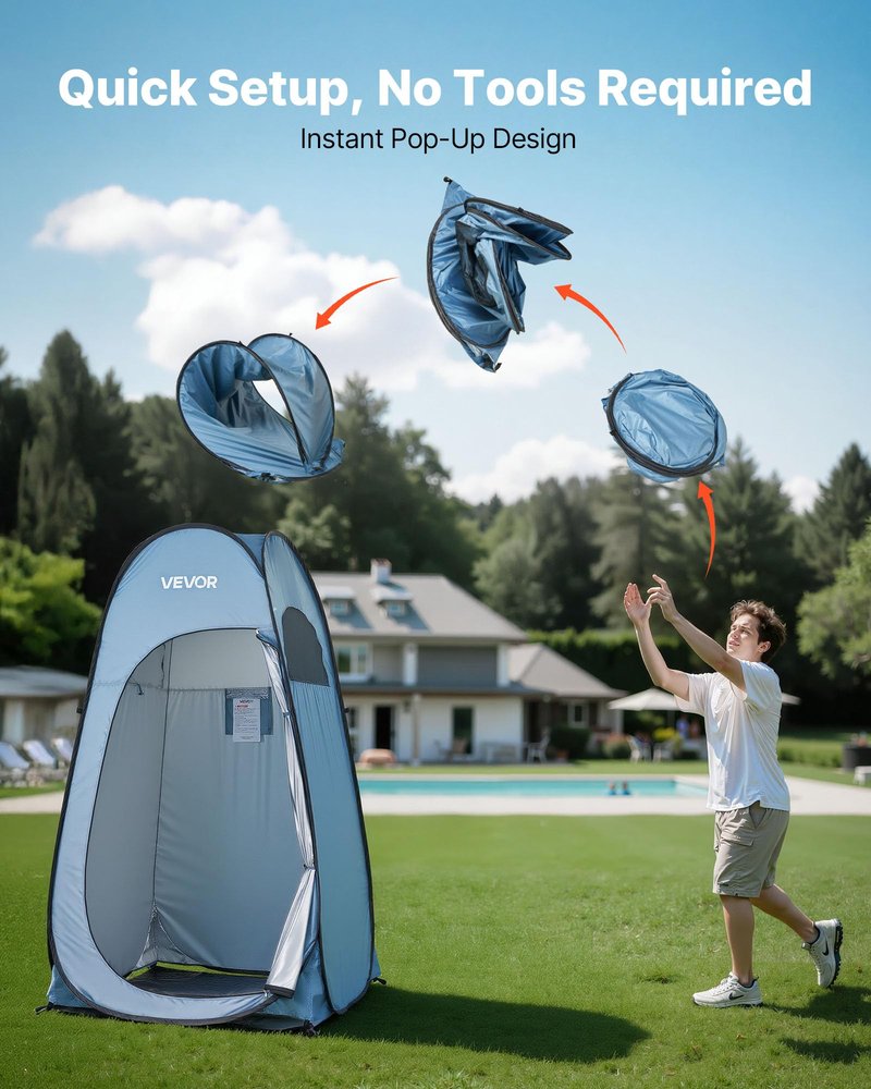 VEVOR Pop up Privacy Tent, Instant Portable Privacy Tent Changing Room with Ground Stakes, Ropes, and Carry Bag, 190T Polyester with Silver Coating, Quick Setup, for Camping, Beach, Fishing, Blue