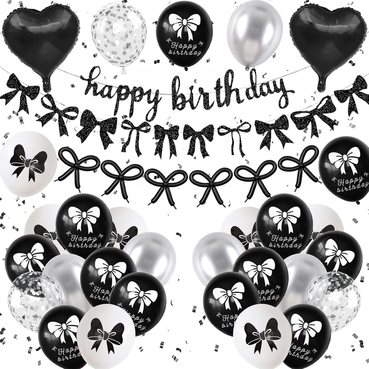 Skiennix Black Bow Birthday Decorations - Coquette Party Set with Happy Birthday Banner & Heart Foil Balloons