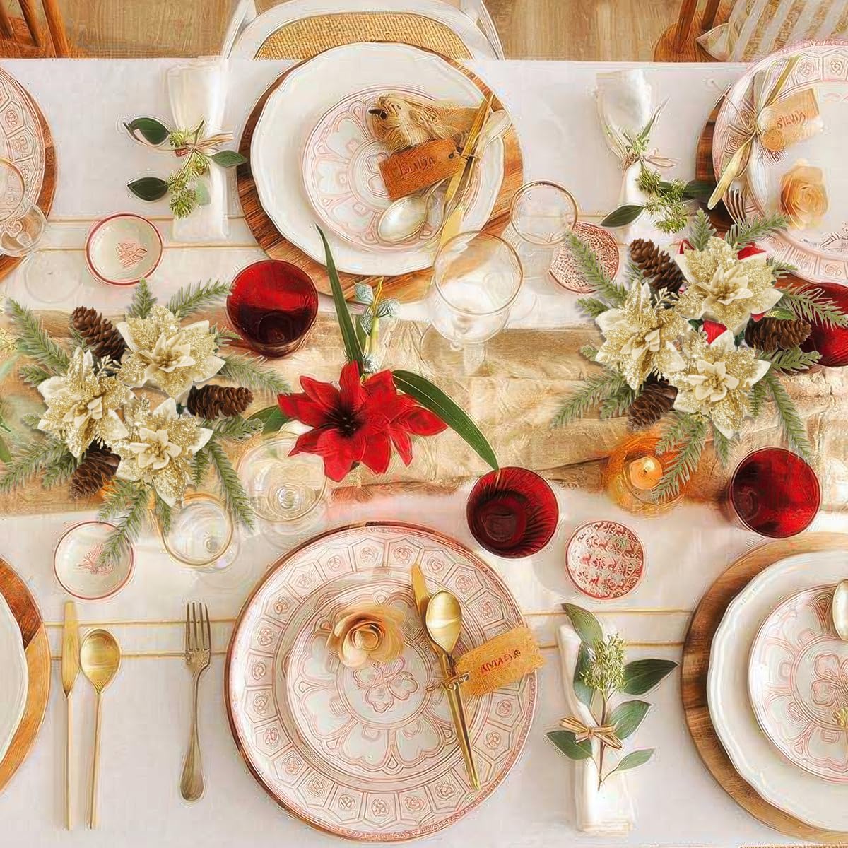 Regine Switzerland Christmas Candle Ring - Gold Glitter Poinsettia & Pinecone Garland | Holiday Table Decor