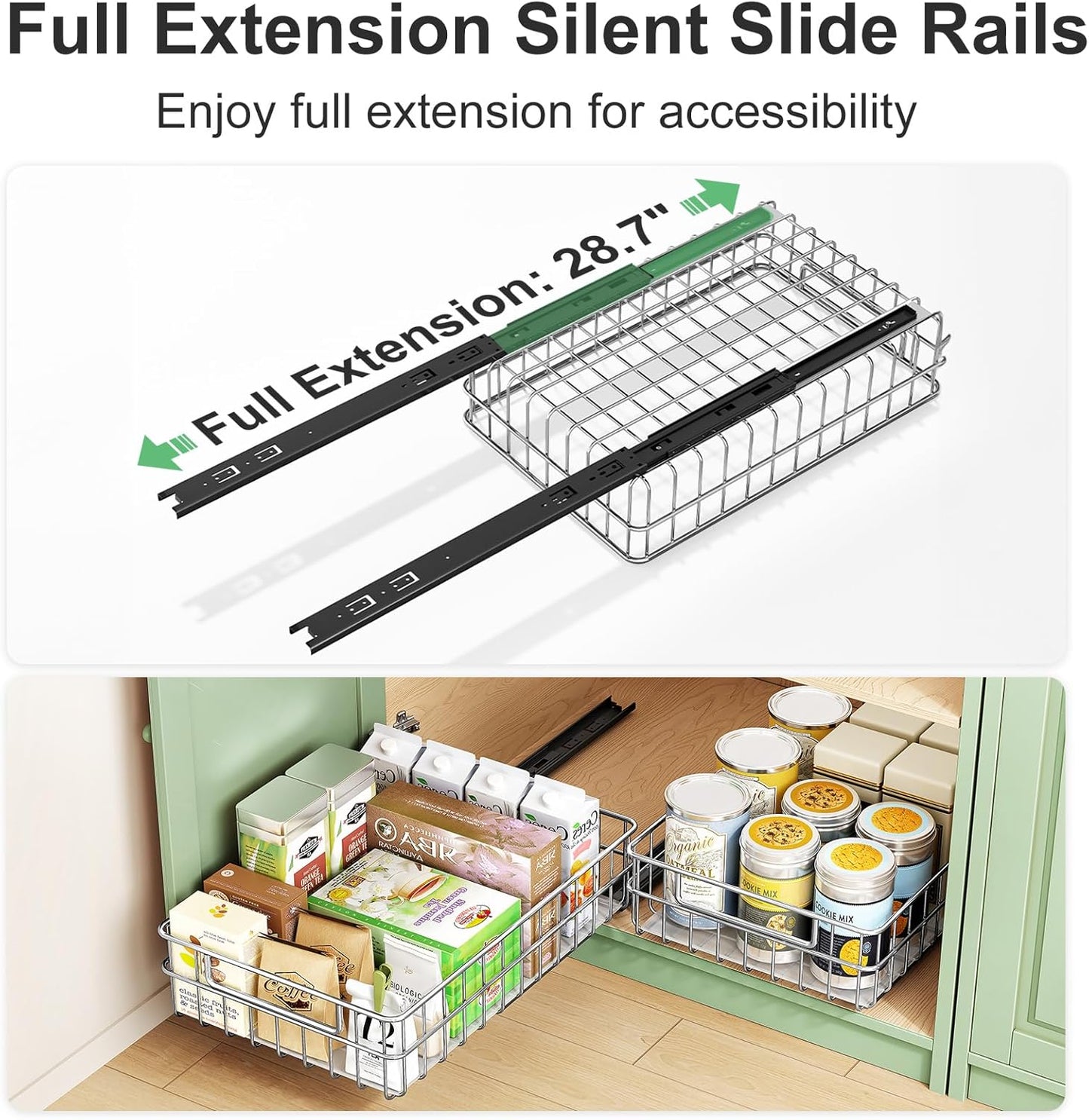 Pull Out Cabinet Organizer - Stainless Steel 2-Pack Slide-Out Drawers with Silent Full-Extension Slides | Versatile Spice Storage for Kitchen, Pantry, and Bathroom