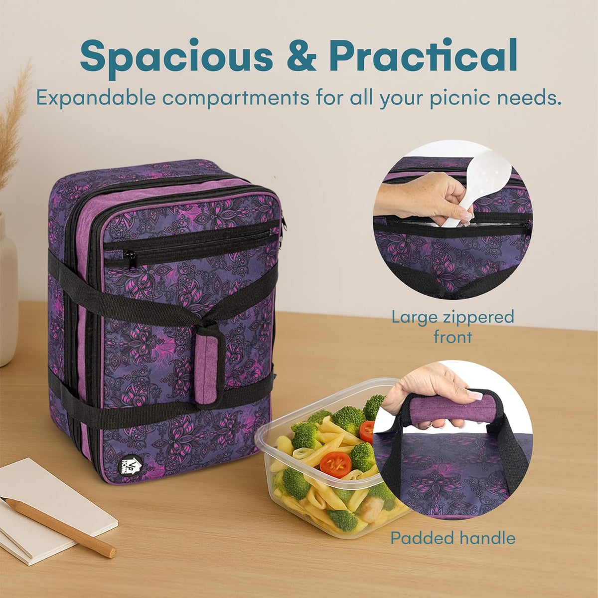 VP Home Double Casserole Insulated Travel Food Containers - Stylish Henna Tattoo Design for Picnics & Parties