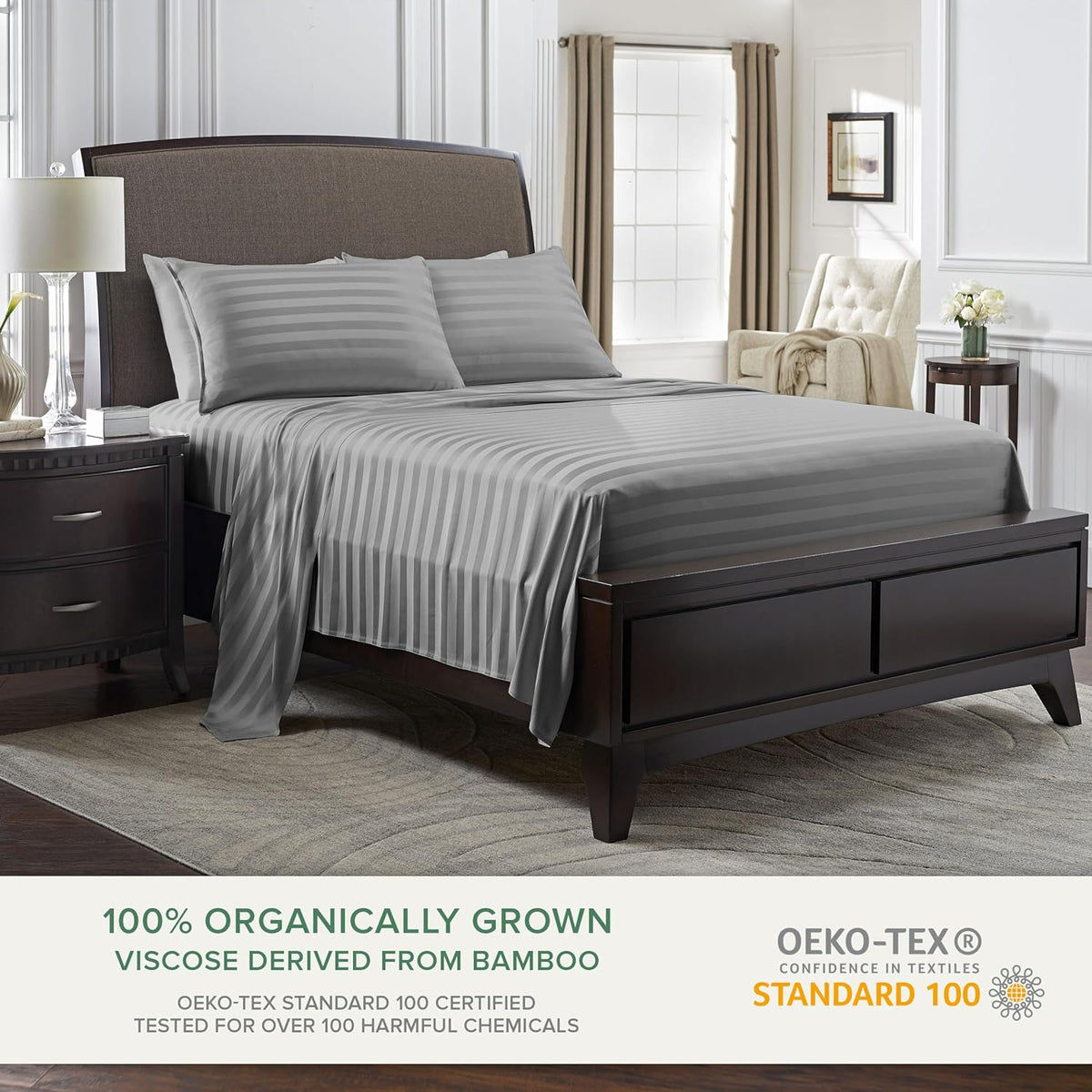 Pure Bamboo Queen Sheets - Luxuriously Soft 100% Organic Viscose Bed Sheet Set | Cooling Jacquard Stone