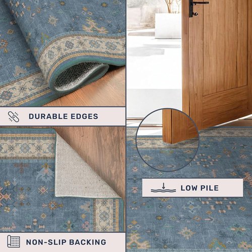 Blue Boho Runner Rug - Washable Non-Slip 2'6''x8' Floral Hallway Rug for Modern Home Décor