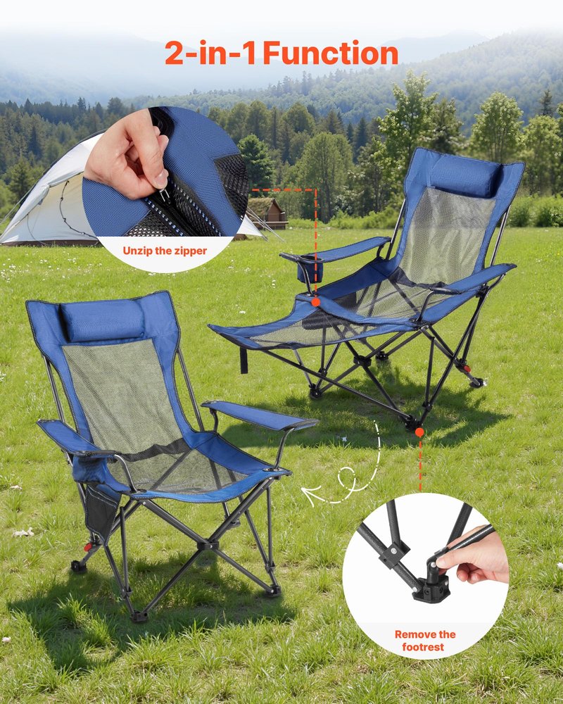 VEVOR 2-in-1 Reclining Camping Chair with Footrest for Adults, 4 Adjustable Positions, Portable Folding Lounger, Lightweight Mesh Beach Chair Supports 220lbs, Heavy Duty Camp Chairs Outdoor, Blue