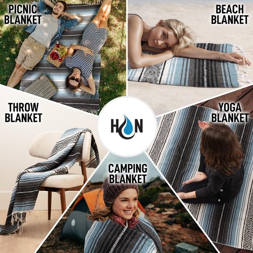 Hydration Nation Authentic Large Handwoven Mexican Blanket - Soft Yoga- Durable Serape- Lightweight Falsa, Beach, Camping, Picnic, Outdoor Blanket 70"x50" - Aqua Sky