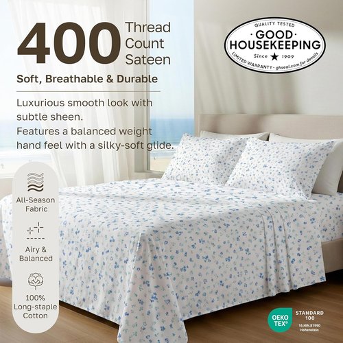 California Design Den Full Size Cotton Sheet Set - 100% Soft Sateen, 400 TC, Deep Pockets, Floral White/Blue