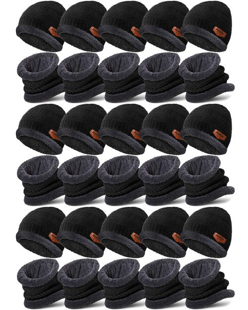 Cutecrop 30 Pcs Winter Beanie Hats and Scarf Set Neck Warmers Fleece Knitted Beanie Caps Thick Unisex for Donation Homeless (Black)