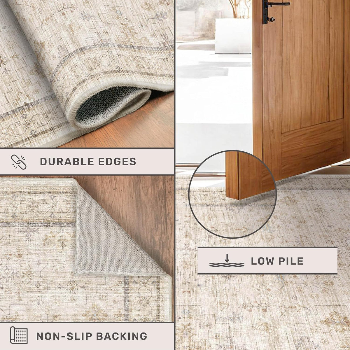 Regine Switzerland Farmhouse Area Rug - Soft Low Pile, Non-Slip Rubber Backing, 7x10, Light Beige Vintage Design