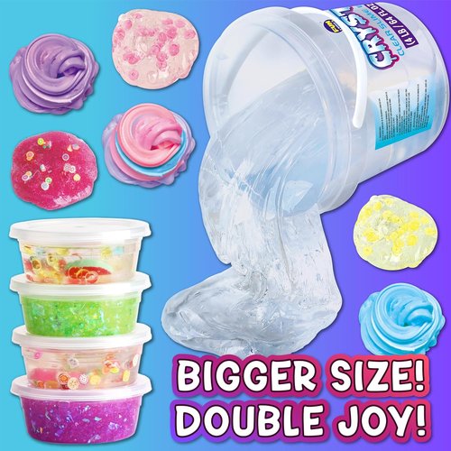 FunKidz 4 LB Huge Clear Glassy Slime Bucket - 64 FL OZ Premade Jumbo Slime Kit with 29 Add-Ins