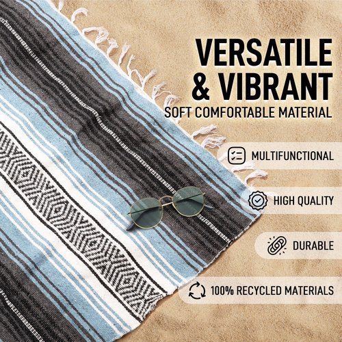 Hydration Nation Authentic Large Handwoven Mexican Blanket - Soft Yoga- Durable Serape- Lightweight Falsa, Beach, Camping, Picnic, Outdoor Blanket 70"x50" - Aqua Sky