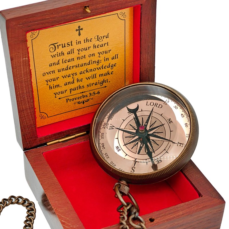 Trust in The Lord - Proverbs 3:5-6 Engraved Brass Pocket Compass, Communion Confirmation Gift, Baptism Gifts for Teen Boys, Best Christian Gifts for Men Kids, Religious God's Compass Easter Christmas