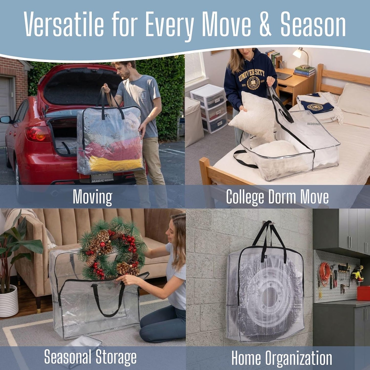 VENO Clear Moving Bags - 5 Pack Heavy Duty Storage Totes for 30" Wreaths, Clothes & Bedding