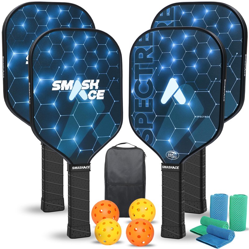 USAPA Approved SmashAce Pickleball Paddles Set Fiberglass Pickle Ball Set Includs Paddles, Balls, Cooling Towels & Portable Carry Bag Perfect Pickleball for Men & Women (Pack of 4 Blue)