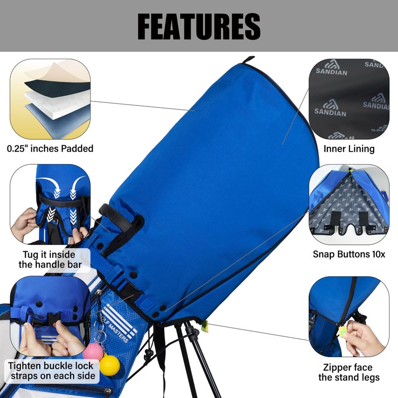 SANDIAN, Blue Color, Golf Bag Rain Hood Cover, Waterproof 1260D Oxford Polyester, 12x20 Inches, Padded Protection, PU Coated, Two Sided Zipper, Adjustable Buckle Lock Fasteners, Snap Button Locking