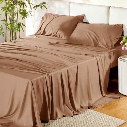 Bedsure Cooling California King Sheet Set - Breathable Rayon from Bamboo, Soft & Silky, Khaki