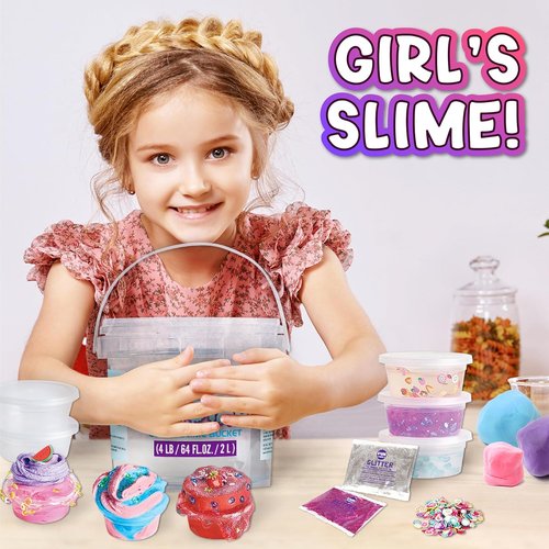 FunKidz 4 LB Huge Clear Glassy Slime Bucket - 64 FL OZ Premade Jumbo Slime Kit with 29 Add-Ins