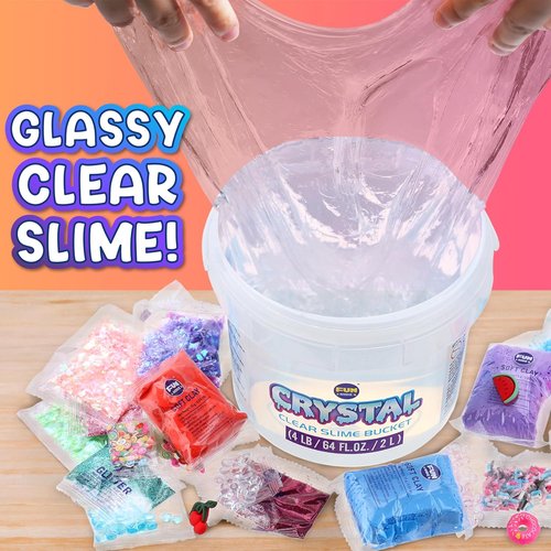 FunKidz 4 LB Huge Clear Glassy Slime Bucket - 64 FL OZ Premade Jumbo Slime Kit with 29 Add-Ins