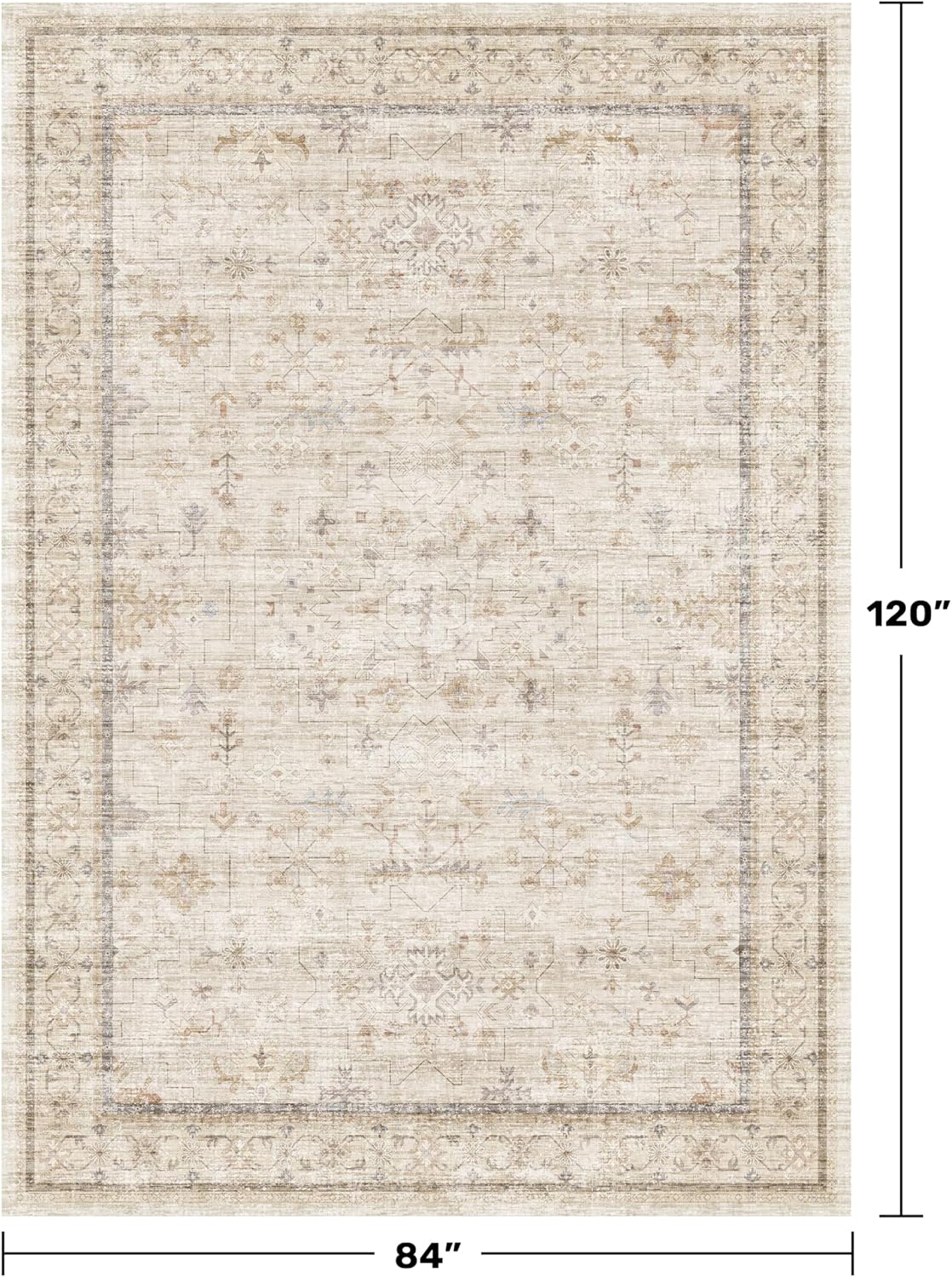 Regine Switzerland Farmhouse Area Rug - Soft Low Pile, Non-Slip Rubber Backing, 7x10, Light Beige Vintage Design
