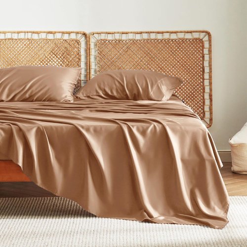 Bedsure Cooling California King Sheet Set - Breathable Rayon from Bamboo, Soft & Silky, Khaki