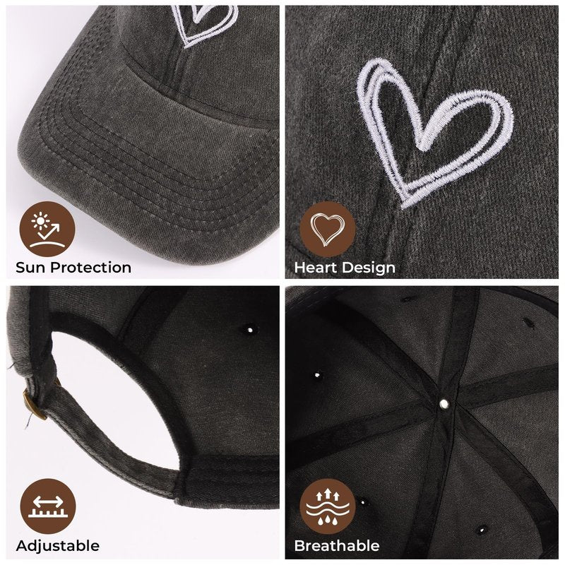 ANLIOTO 2 Pack Heart Baseball Caps for Women Men, Cute Adjustable Washed Sun Hats for Outdoor Running Golf Black Grey