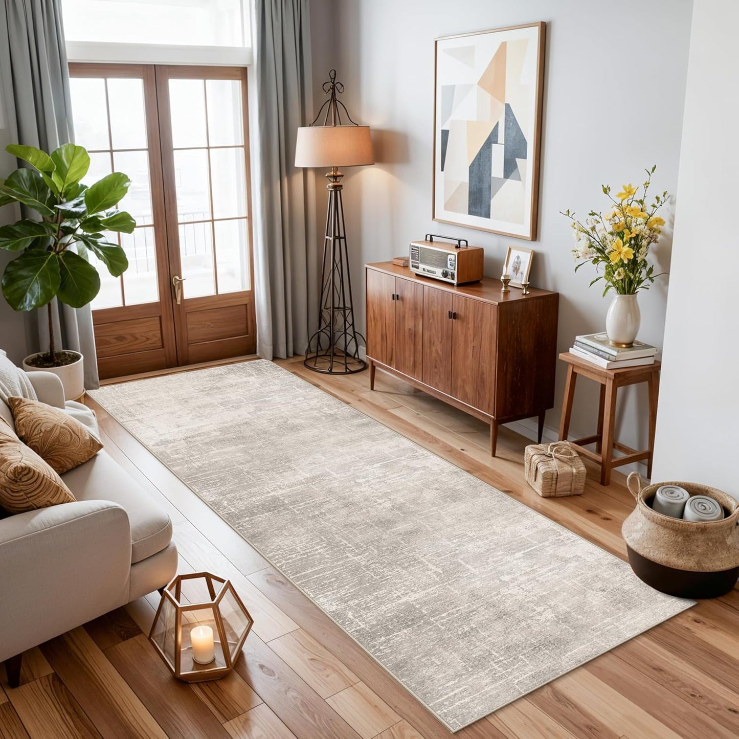 **Regine Switzerland Washable Runner Rug - Abstract Stain Resistant Design | 2x8 Feet, Beige/Cream**