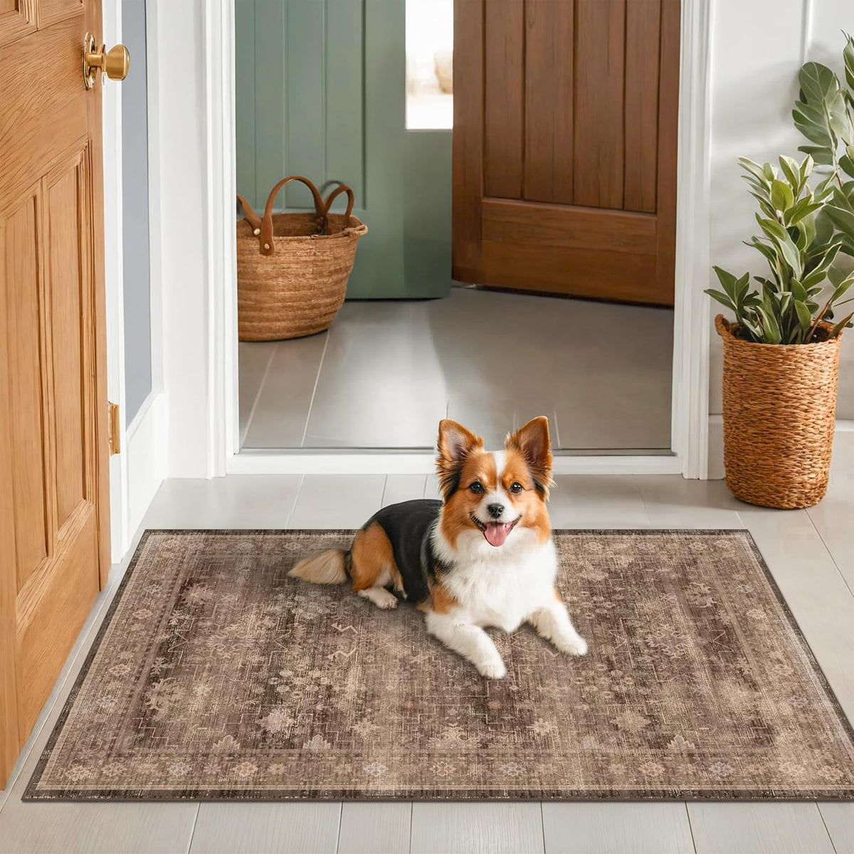 Skiennix Brown Boho Washable Entry Rug - Non-Slip Rubber Backing | 3x4 Indoor Door Mat in Earthy Taupe Floral Design