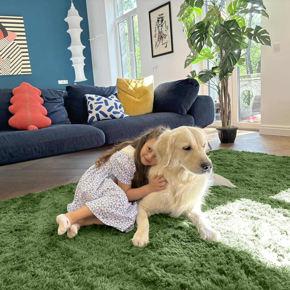 OLANLY Large Area Rug - Soft Fluffy Shaggy Carpet for Living Room & Bedroom | Machine Washable, Green