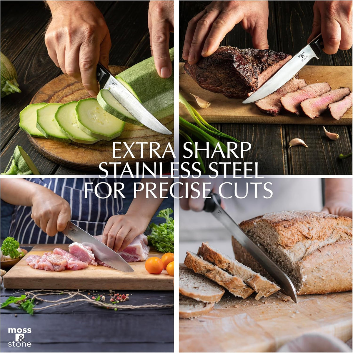 Moss & Stone 14-Piece Knife Block Set - Premium Forged Stainless Steel Kitchen Knives with Ergonomic Handles & Rust Resistance | Modern Black Design