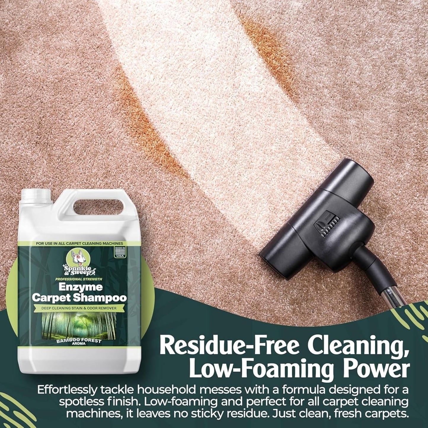 Sprinkle & Sweep Enzyme Carpet Shampoo - 64oz Deep Cleaning Pet Stain & Odor Remover | Urine & Accident Solution