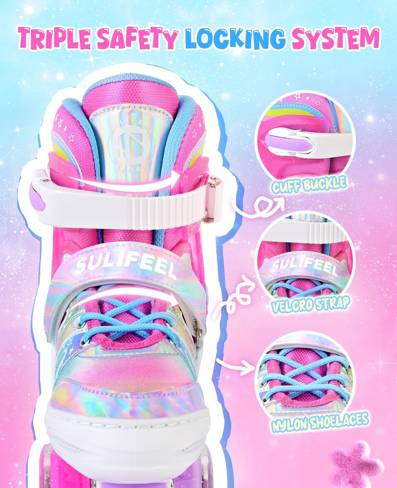 SULIFEEL Rainbow Tie-Dye Adjustable Roller Skates for Girls Kids Ages 3-5 5-8 6-12 Pink Purple Light Up Skate with Fluffy Pom Poms Triple Protection for Indoor Outdoor Skating