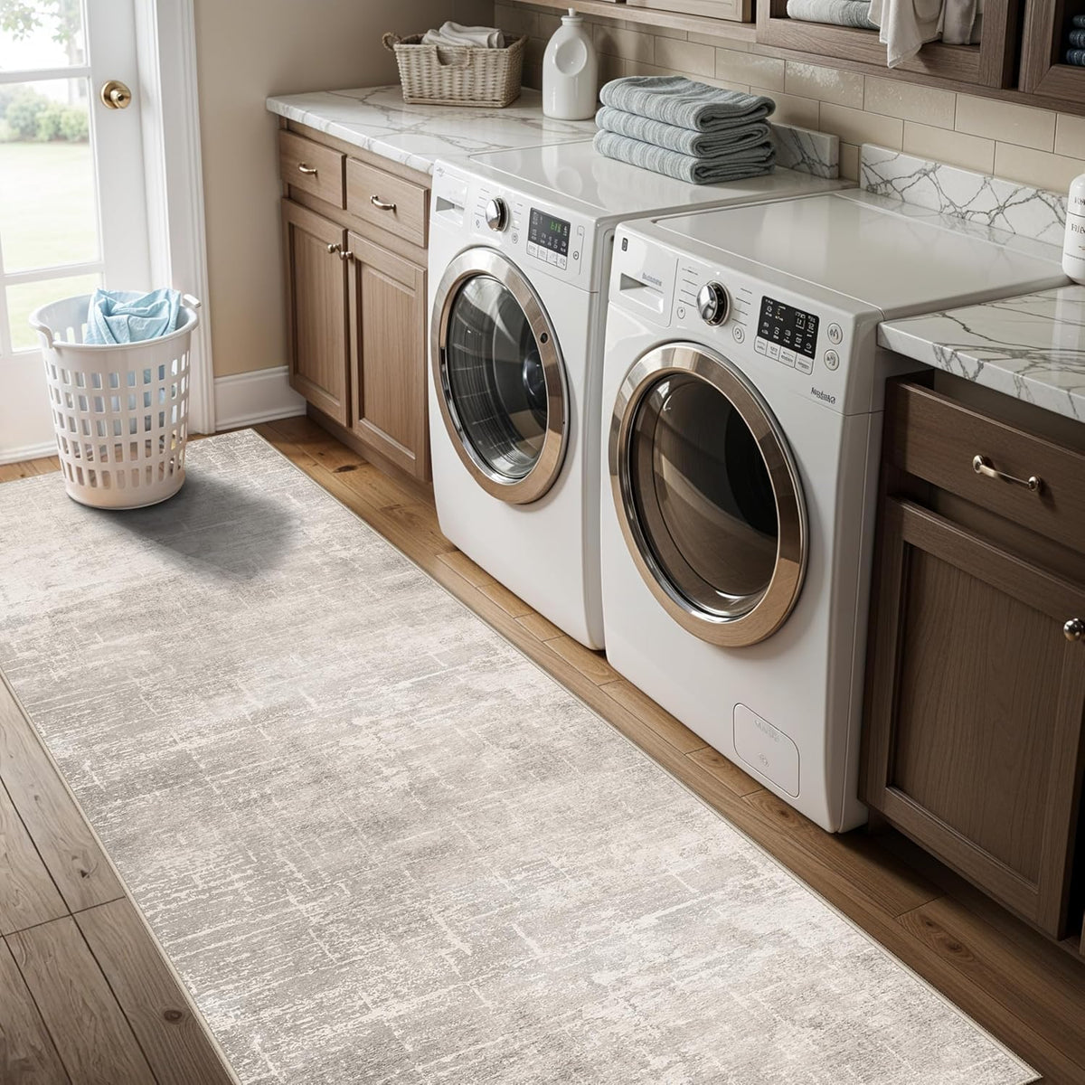 **Regine Switzerland Washable Runner Rug - Abstract Stain Resistant Design | 2x8 Feet, Beige/Cream**