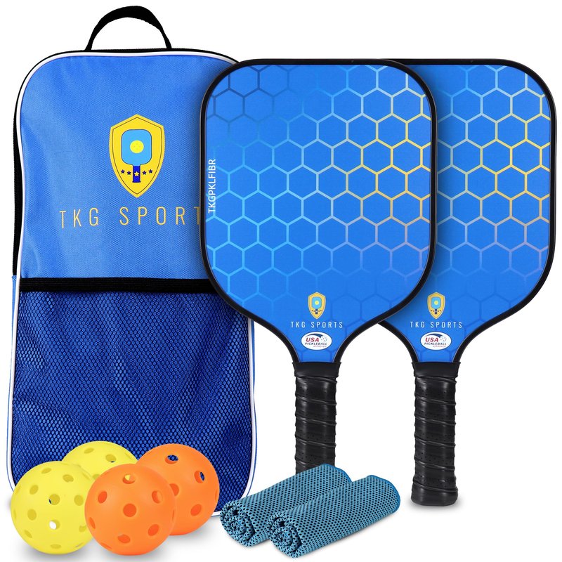 Pickleball Set with Bag - Fiberglass 14mm - 2 USAPA Pickleball Paddles, 2 Indoor and 2 Outdoor Pickleball Balls, 2 Cooling Towels - Rackets for Adults and Teens