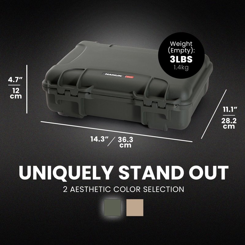 NANUK 910 Hard Case with Customizable Cubed Foam, IP67 Waterproof, Dustproof and Impact Resistant, 14.3” x 11.1” x 4.7”, Rugged Construction for Ultimate Protection, Made in Canada - Olive