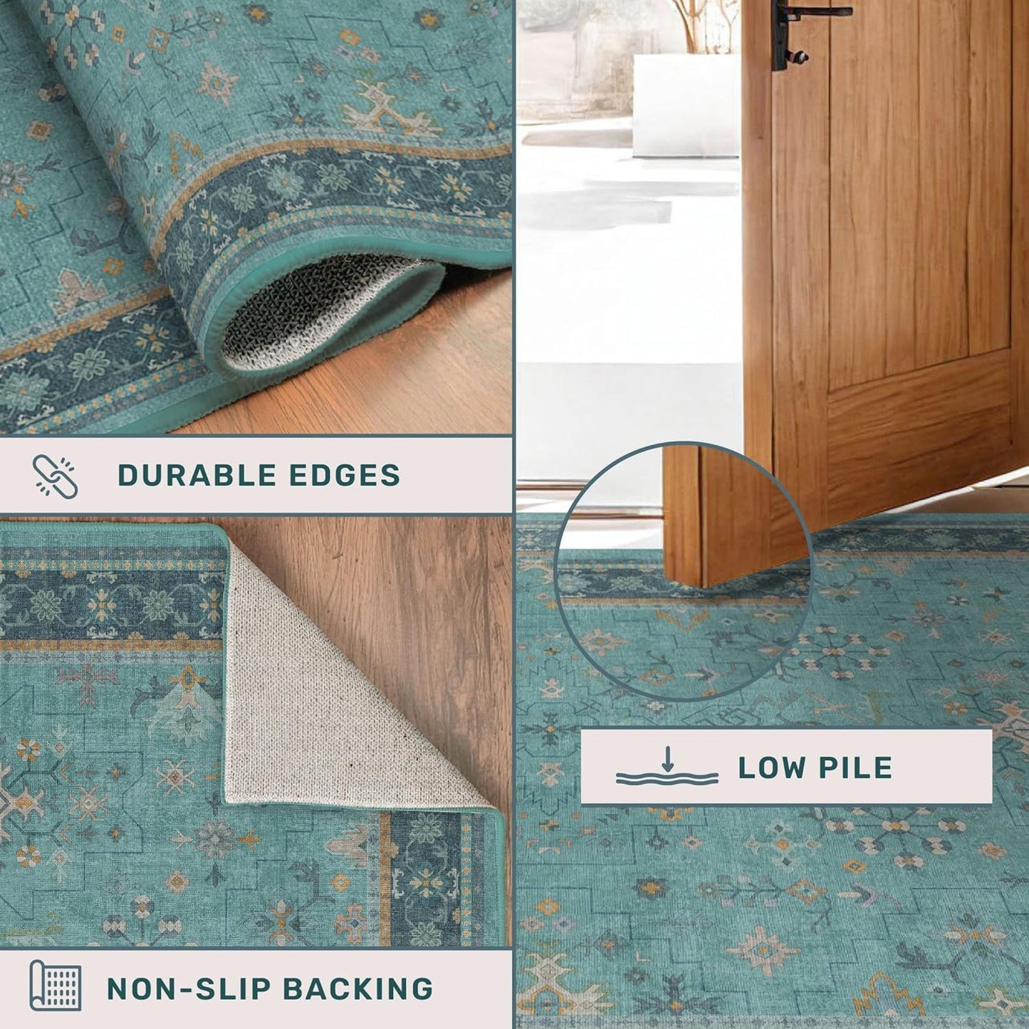 Teal Boho Living Room Rug by [Brand Name] - Washable 10x12 Soft Floral Area Rug, Non-Slip & Stain Resistant