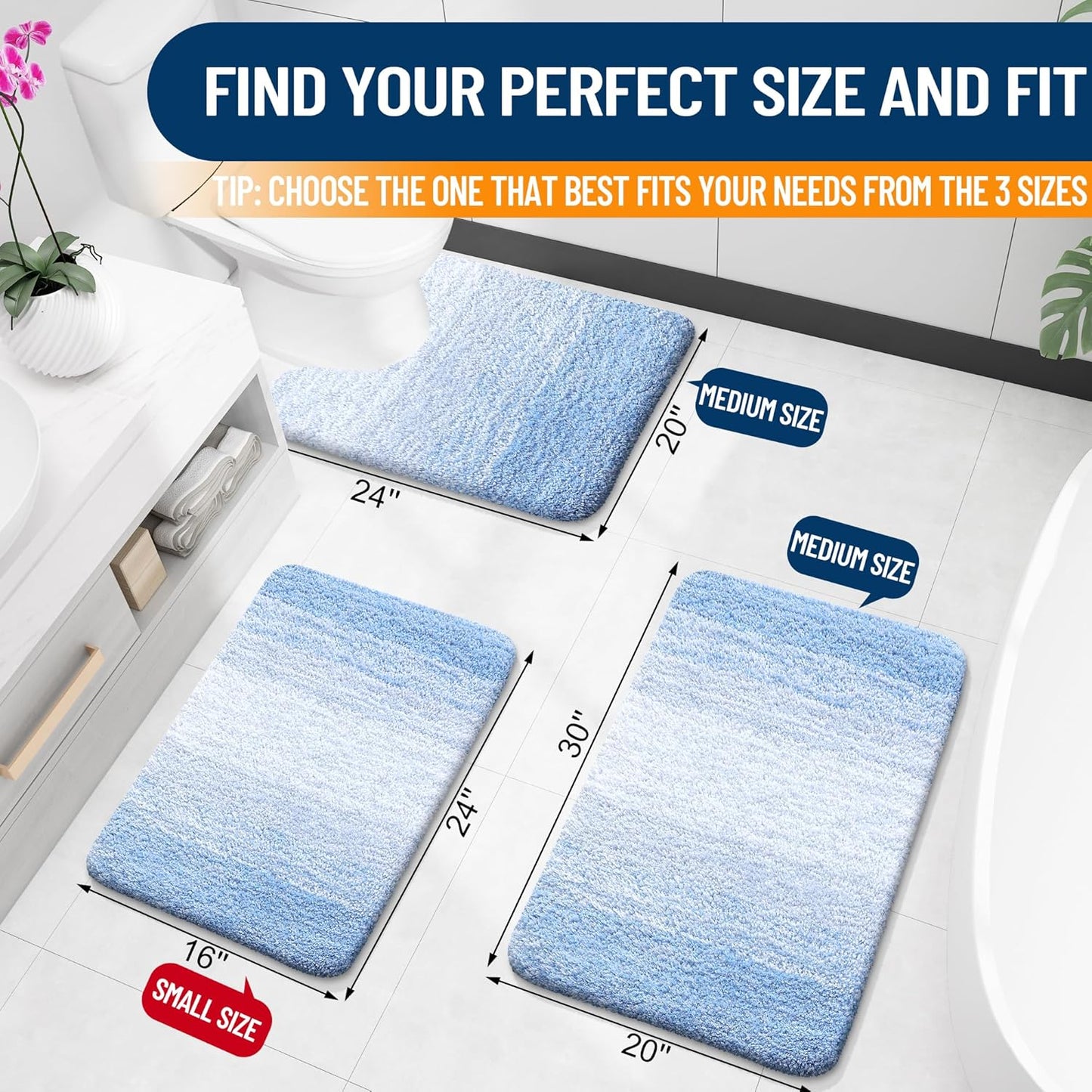 OLANLY Large Bath Rugs - Extra Soft Microfiber Mat 45x27 | Quick-Dry, Washable, Rubber Backing, Light Blue