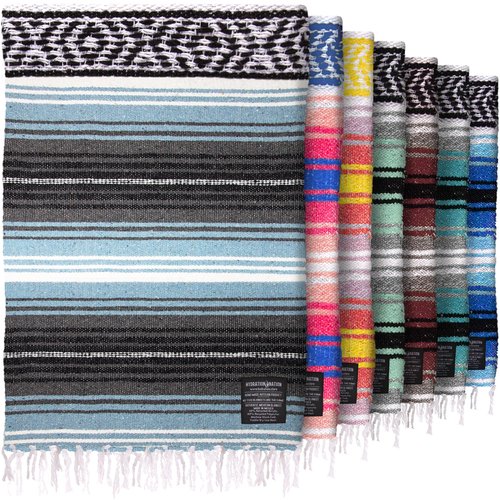 Hydration Nation Authentic Large Handwoven Mexican Blanket - Soft Yoga- Durable Serape- Lightweight Falsa, Beach, Camping, Picnic, Outdoor Blanket 70"x50" - Aqua Sky