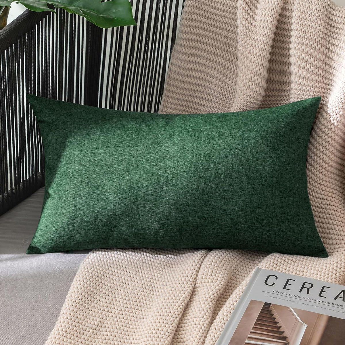 MIULEE Decorative Outdoor Throw Pillow Covers - Waterproof Faux Linen Cushion Cases | 20x12 Inch Emerald Green (Pack of 2)