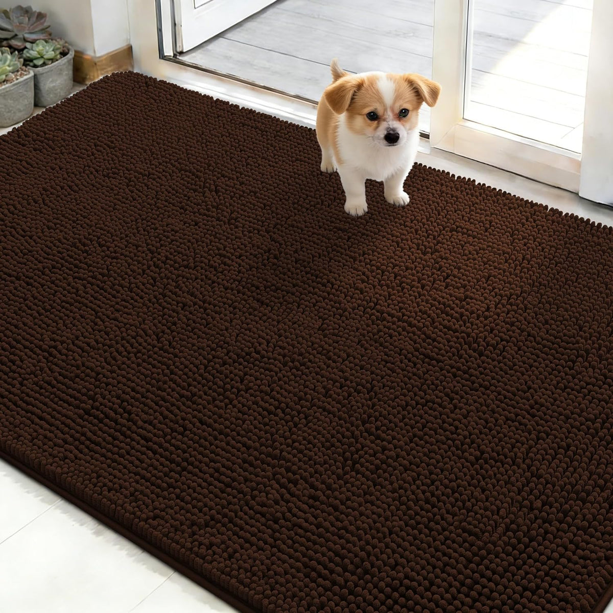 OLANLY Dog Door Mat - Absorbent Non-Slip Mud Mat for Dogs | Quick Dry Chenille, 50x30, Brown