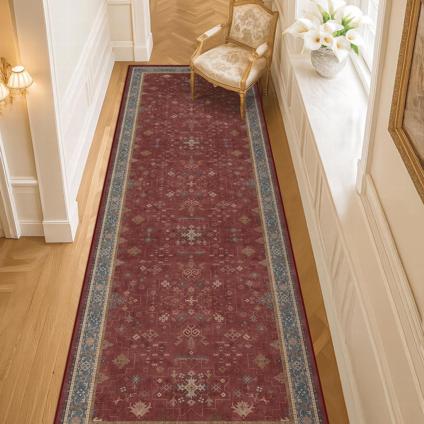 Regine Switzerland Dark Red Hallway Runner Rug - 10ft Washable Non-Slip Indoor Mat | Soft Boho Floral Design