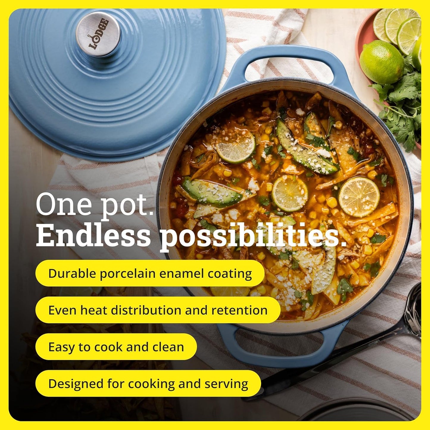 Lodge 3 Quart Enameled Cast Iron Dutch Oven - Dual Handles & Lid - Oven Safe to 500°F - Storm Blue