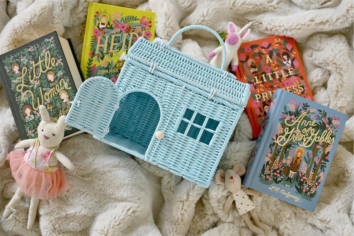 Rool Rattan Dollhouse Basket - Boho Wicker Gift for Girls | Small Purse Clutch & Doll Carrier (Blue)