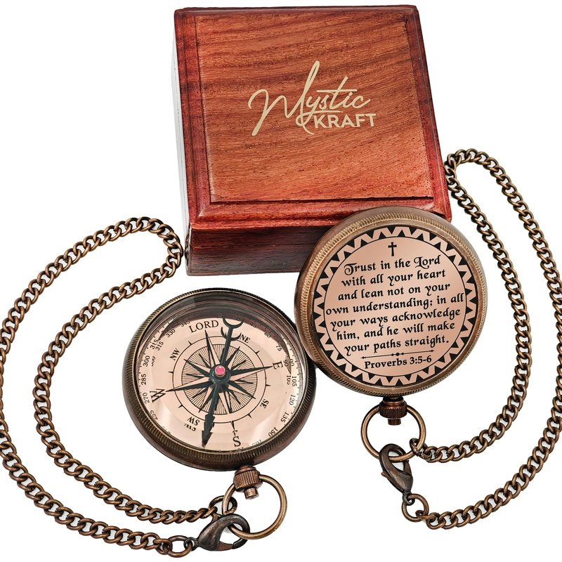 Trust in The Lord - Proverbs 3:5-6 Engraved Brass Pocket Compass, Communion Confirmation Gift, Baptism Gifts for Teen Boys, Best Christian Gifts for Men Kids, Religious God's Compass Easter Christmas