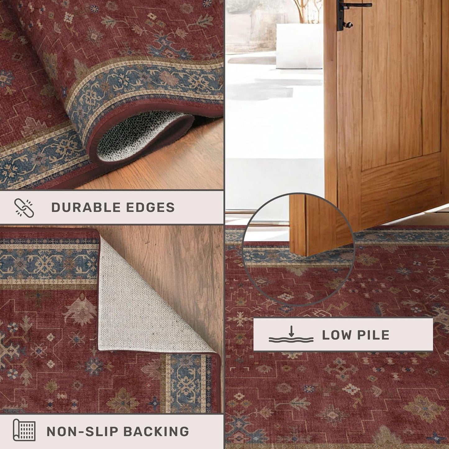 Regine Switzerland Dark Red Hallway Runner Rug - 10ft Washable Non-Slip Indoor Mat | Soft Boho Floral Design