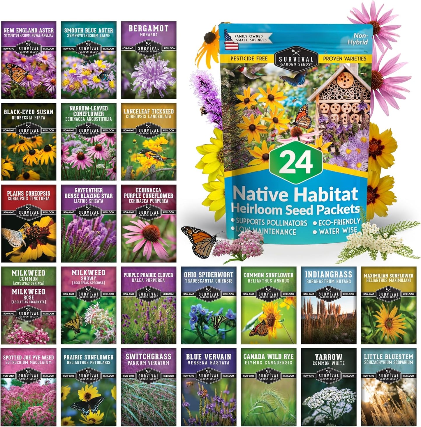 Native Wildflower Seeds - 24 Variety Pack for Butterfly & Bee-Friendly Gardens | Non-GMO Heirloom
