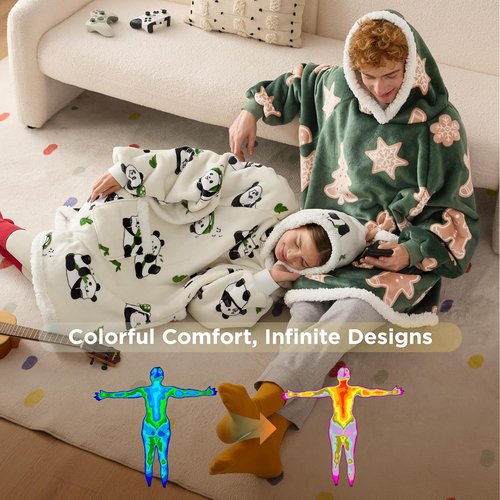 Bedsure Wearable Blanket Hoodie - Cozy Sherpa Design for Adults & Kids | Gingerbread & Olive Green
