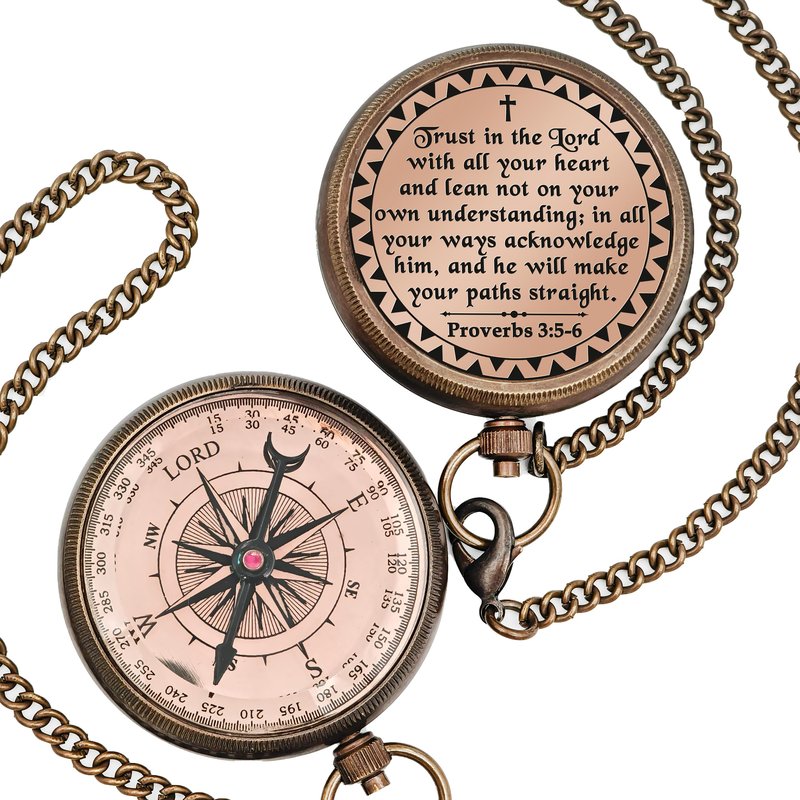 Trust in The Lord - Proverbs 3:5-6 Engraved Brass Pocket Compass, Communion Confirmation Gift, Baptism Gifts for Teen Boys, Best Christian Gifts for Men Kids, Religious God's Compass Easter Christmas