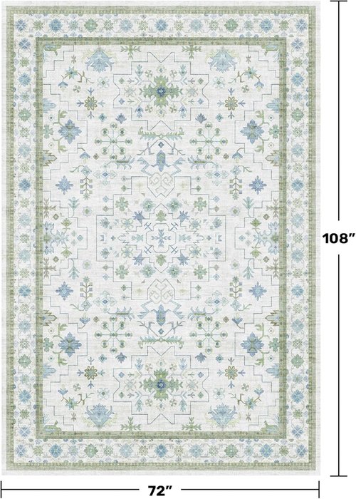 Hazo Haus Cream Oushak 6x9 Area Rug - Boho Floral Design in Cool Blue & Green, Washable Non-Slip